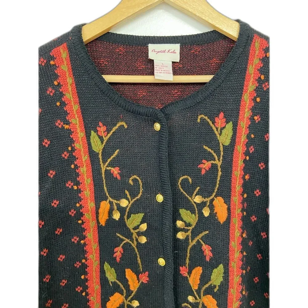 Vintage Crystal Kobe Black Cardigan Embroidered Flowers with Gold Buttons Large